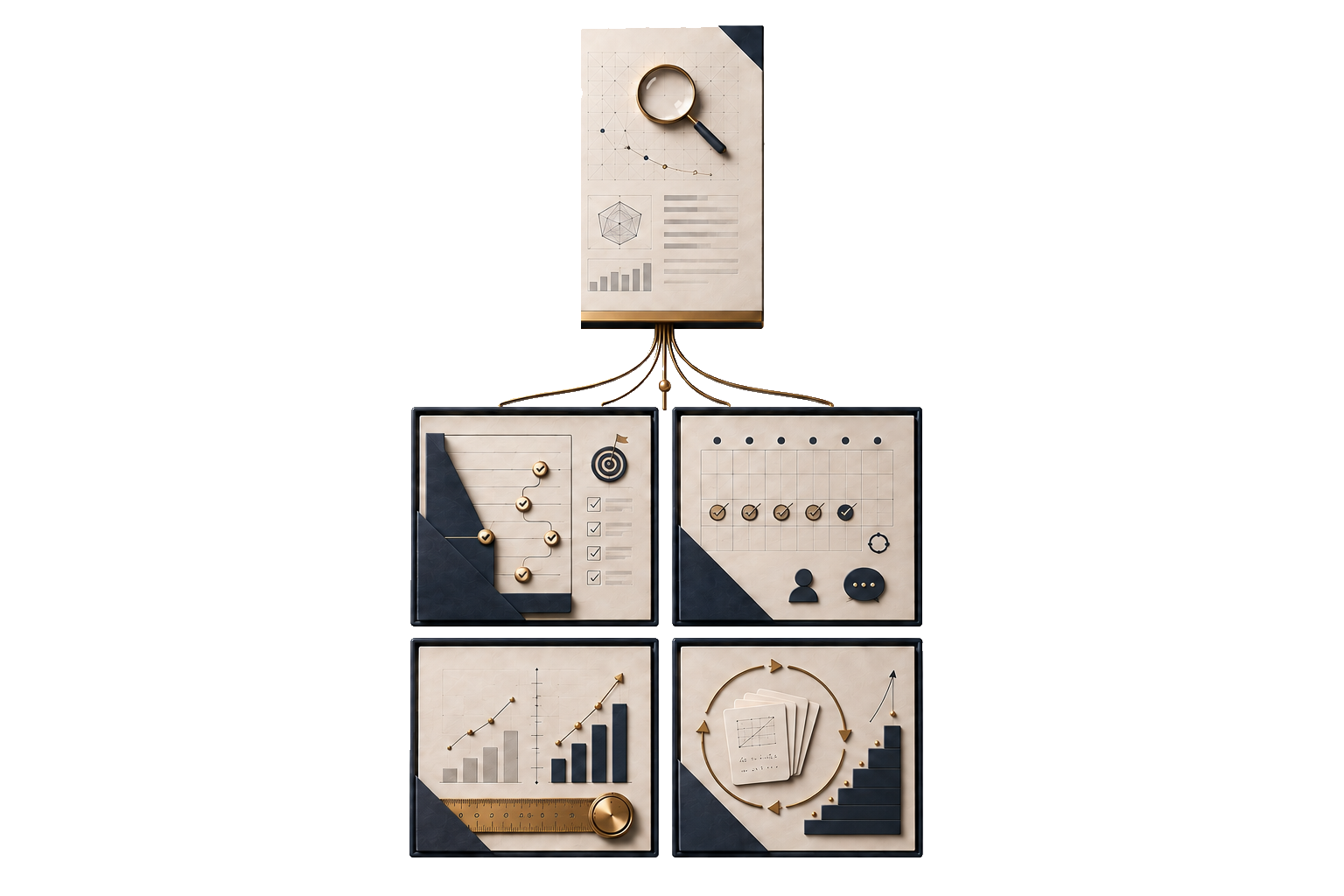 A diagnostic assessment connected to four programme ingredients: a tailored plan, daily support, measurement and optimisation, and repeated practice